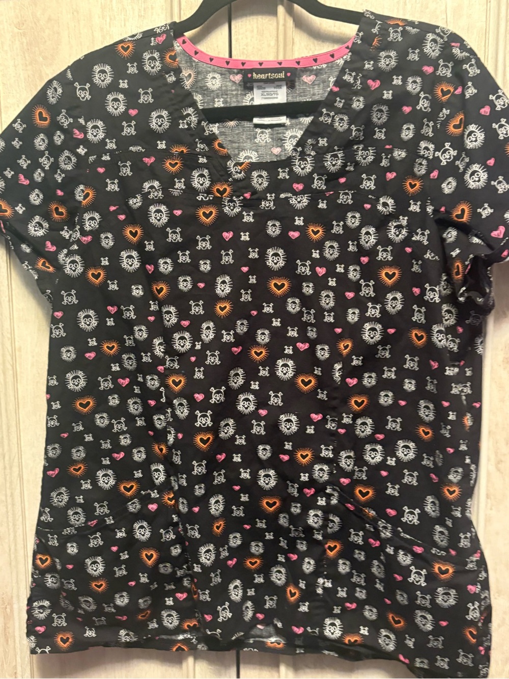 HeartSoul Black Scrub Top with Pink and Orange Hearts & White Skulls